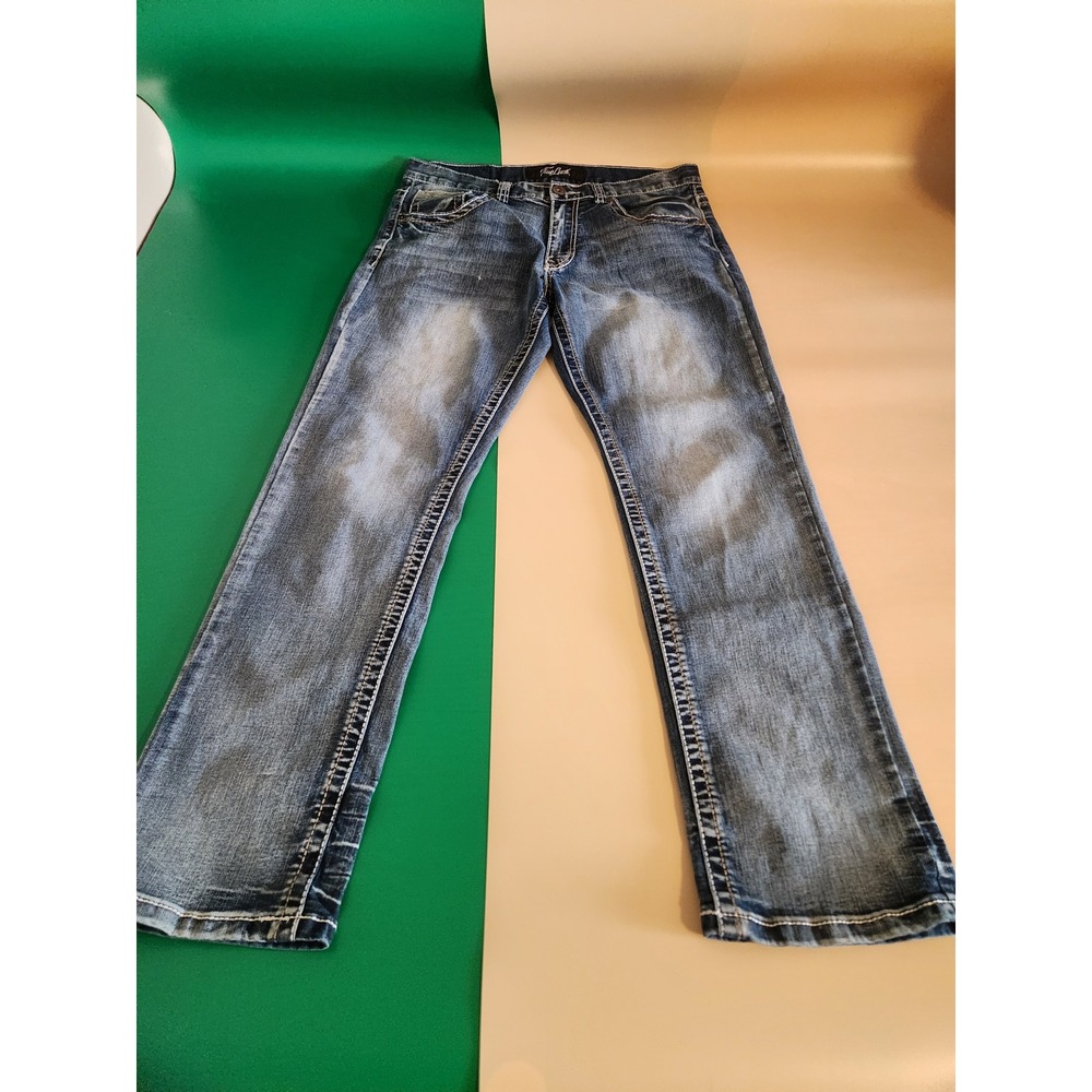 True Luck Jeans Men 34x32 Blue Straight Leg Thick Stitch Embroidered Whiskered